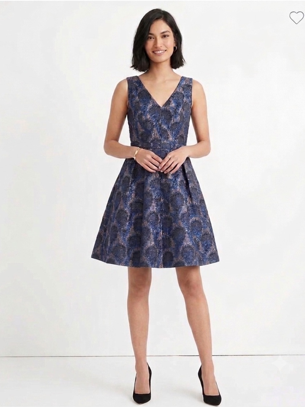 J. Crew Navy and Gold Peacock V-Neck Textured A-Line Cocktail Dress 00 XS XXS